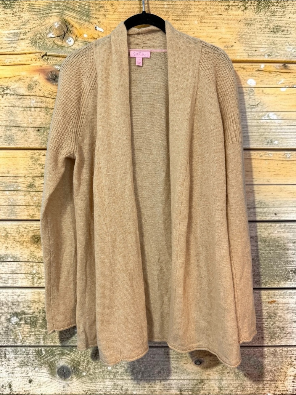 Lilly Pulitzer Open Front Cardigan L Camel Tan Soft Knit Waterfall